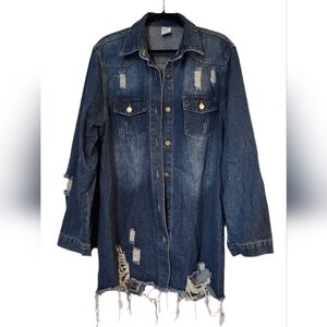 Distressed Ripped Dark Denim Long Shirt/Jacket/Shacket, 3X